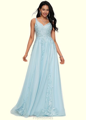 Lillie A-line V-Neck Floor-Length Tulle Prom Dresses With Rhinestone Appliques Lace Sequins XXBP0022225