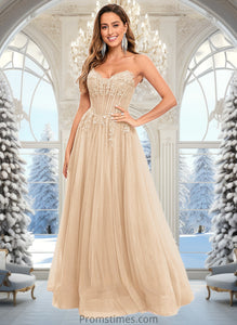 Trudie Ball-Gown/Princess V-Neck Floor-Length Tulle Prom Dresses With Sequins Appliques Lace XXBP0025837