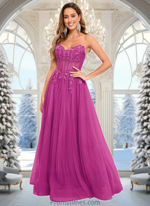 Trudie Ball-Gown/Princess V-Neck Floor-Length Tulle Prom Dresses With Sequins Appliques Lace XXBP0025837