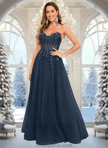 Trudie Ball-Gown/Princess V-Neck Floor-Length Tulle Prom Dresses With Sequins Appliques Lace XXBP0025837