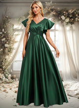 Load image into Gallery viewer, Rebecca A-line V-Neck Floor-Length Satin Bridesmaid Dress With Ruffle XXBP0025777