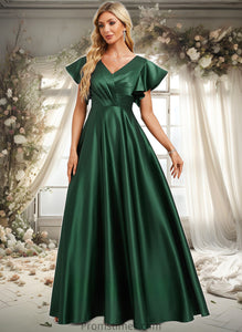 Rebecca A-line V-Neck Floor-Length Satin Bridesmaid Dress With Ruffle XXBP0025777