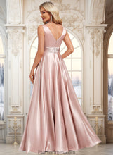 Load image into Gallery viewer, Viv A-line V-Neck Floor-Length Stretch Satin Bridesmaid Dress XXBP0025779