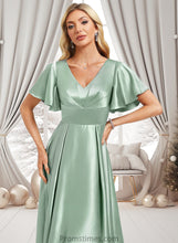 Load image into Gallery viewer, Lilia A-line V-Neck Asymmetrical Stretch Satin Bridesmaid Dress With Ruffle XXBP0025772