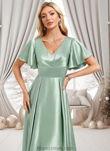 Lilia A-line V-Neck Asymmetrical Stretch Satin Bridesmaid Dress With Ruffle XXBP0025772