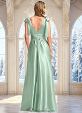 Load image into Gallery viewer, Jessica A-line V-Neck Floor-Length Stretch Satin Bridesmaid Dress With Bow XXBP0025737