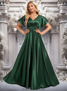 Yaretzi A-line V-Neck Floor-Length Stretch Satin Bridesmaid Dress XXBP0025782