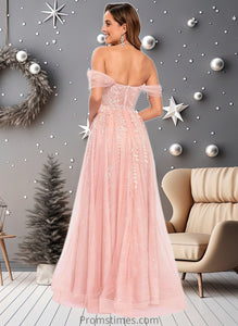 Jayleen A-line Sweetheart Off the Shoulder Floor-Length Tulle Floral Lace Prom Dresses With Appliques Lace XXBP0025870