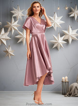 Load image into Gallery viewer, Tricia A-line V-Neck Asymmetrical Stretch Satin Bridesmaid Dress XXBP0025752