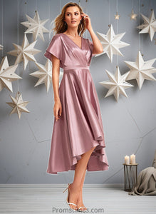 Tricia A-line V-Neck Asymmetrical Stretch Satin Bridesmaid Dress XXBP0025752