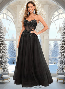 Trudie Ball-Gown/Princess V-Neck Floor-Length Tulle Prom Dresses With Sequins Appliques Lace XXBP0025837