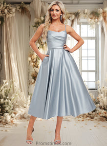 Gwendoline A-line V-Neck Tea-Length Satin Bridesmaid Dress XXBP0025794