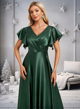 Load image into Gallery viewer, Maddison A-line V-Neck Floor-Length Stretch Satin Bridesmaid Dress With Ruffle XXBP0025773