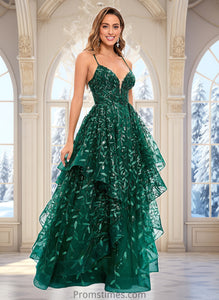 Haley Ball-Gown/Princess V-Neck Floor-Length Lace Floral Prom Dresses With Sequins XXBP0025838