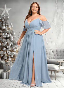 Arielle A-line Cold Shoulder Floor-Length Chiffon Bridesmaid Dress With Ruffle XXBP0025797