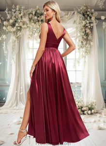 Selah A-line V-Neck Floor-Length Stretch Satin Bridesmaid Dress XXBP0025771