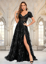 Load image into Gallery viewer, Jadyn A-line V-Neck Sweep Train Floral Lace Prom Dresses With Sequins XXBP0025869