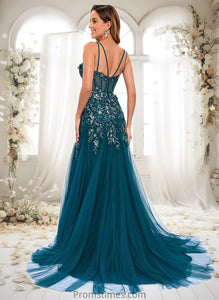 Quintina Trumpet/Mermaid V-Neck Sweep Train Tulle Prom Dresses With Sequins Appliques Lace XXBP0025853