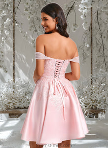 Emelia A-line Off the Shoulder Short Satin Homecoming Dress With Rhinestone Beading Appliques Lace XXBP0025679