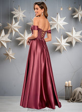 Load image into Gallery viewer, Victoria A-line Off the Shoulder Floor-Length Satin Lace Prom Dresses With Sequins XXBP0025841