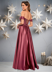 Victoria A-line Off the Shoulder Floor-Length Satin Lace Prom Dresses With Sequins XXBP0025841