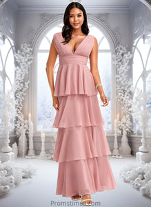 Evie A-line V-Neck Floor-Length Chiffon Bridesmaid Dress XXBP0025749