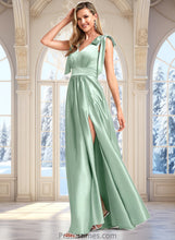 Load image into Gallery viewer, Jessica A-line V-Neck Floor-Length Stretch Satin Bridesmaid Dress With Bow XXBP0025737