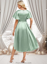 Load image into Gallery viewer, Lilia A-line V-Neck Asymmetrical Stretch Satin Bridesmaid Dress With Ruffle XXBP0025772