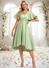 Load image into Gallery viewer, Maribel A-line V-Neck Asymmetrical Satin Bridesmaid Dress With Ruffle XXBP0025776