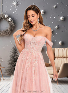 Jayleen A-line Sweetheart Off the Shoulder Floor-Length Tulle Floral Lace Prom Dresses With Appliques Lace XXBP0025870