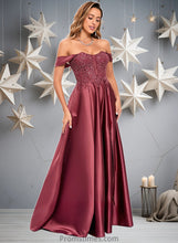 Load image into Gallery viewer, Victoria A-line Off the Shoulder Floor-Length Satin Lace Prom Dresses With Sequins XXBP0025841