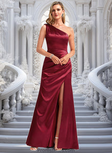 Dylan A-line One Shoulder Floor-Length Stretch Satin Bridesmaid Dress With Bow XXBP0025758