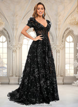 Load image into Gallery viewer, Ruth A-line V-Neck Sweep Train Floral Lace Prom Dresses With Sequins XXBP0025869