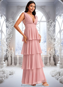 Evie A-line V-Neck Floor-Length Chiffon Bridesmaid Dress XXBP0025749