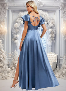 Sherlyn A-line Square Floor-Length Stretch Satin Bridesmaid Dress With Ruffle XXBP0025769