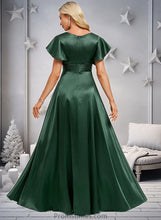 Load image into Gallery viewer, Maddison A-line V-Neck Floor-Length Stretch Satin Bridesmaid Dress With Ruffle XXBP0025773