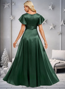 Maddison A-line V-Neck Floor-Length Stretch Satin Bridesmaid Dress With Ruffle XXBP0025773