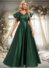 Load image into Gallery viewer, Rebecca A-line V-Neck Floor-Length Satin Bridesmaid Dress With Ruffle XXBP0025777