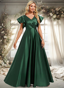 Rebecca A-line V-Neck Floor-Length Satin Bridesmaid Dress With Ruffle XXBP0025777