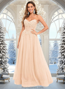 Trudie Ball-Gown/Princess V-Neck Floor-Length Tulle Prom Dresses With Sequins Appliques Lace XXBP0025837