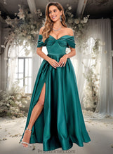 Load image into Gallery viewer, Jessie A-line Off the Shoulder Floor-Length Satin Prom Dresses With Pleated XXBP0025851