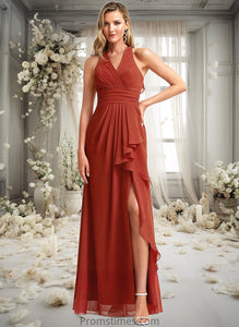 Madalyn A-line V-Neck Floor-Length Chiffon Bridesmaid Dress With Ruffle XXBP0025754