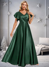 Load image into Gallery viewer, Maddison A-line V-Neck Floor-Length Stretch Satin Bridesmaid Dress With Ruffle XXBP0025773