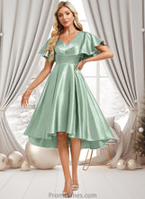 Load image into Gallery viewer, Lilia A-line V-Neck Asymmetrical Stretch Satin Bridesmaid Dress With Ruffle XXBP0025772