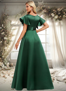 Rebecca A-line V-Neck Floor-Length Satin Bridesmaid Dress With Ruffle XXBP0025777