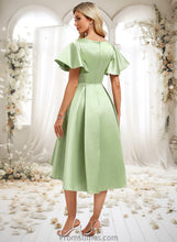 Load image into Gallery viewer, Maribel A-line V-Neck Asymmetrical Satin Bridesmaid Dress With Ruffle XXBP0025776