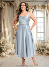 Load image into Gallery viewer, Gwendoline A-line V-Neck Tea-Length Satin Bridesmaid Dress XXBP0025794