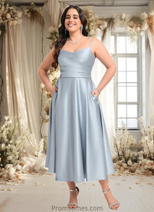 Gwendoline A-line V-Neck Tea-Length Satin Bridesmaid Dress XXBP0025794