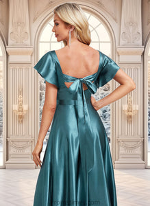 Fiona A-line V-Neck Floor-Length Stretch Satin Bridesmaid Dress With Ruffle XXBP0025780