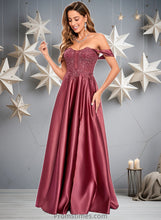 Load image into Gallery viewer, Victoria A-line Off the Shoulder Floor-Length Satin Lace Prom Dresses With Sequins XXBP0025841